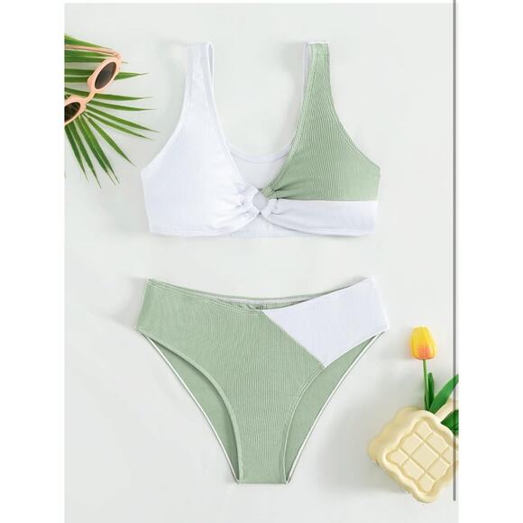 SweatyRocks Girl's 2 Piece Color block Ring Bikini Ribbed Knit SwimSuit Size 14Y - Picture 2 of 5